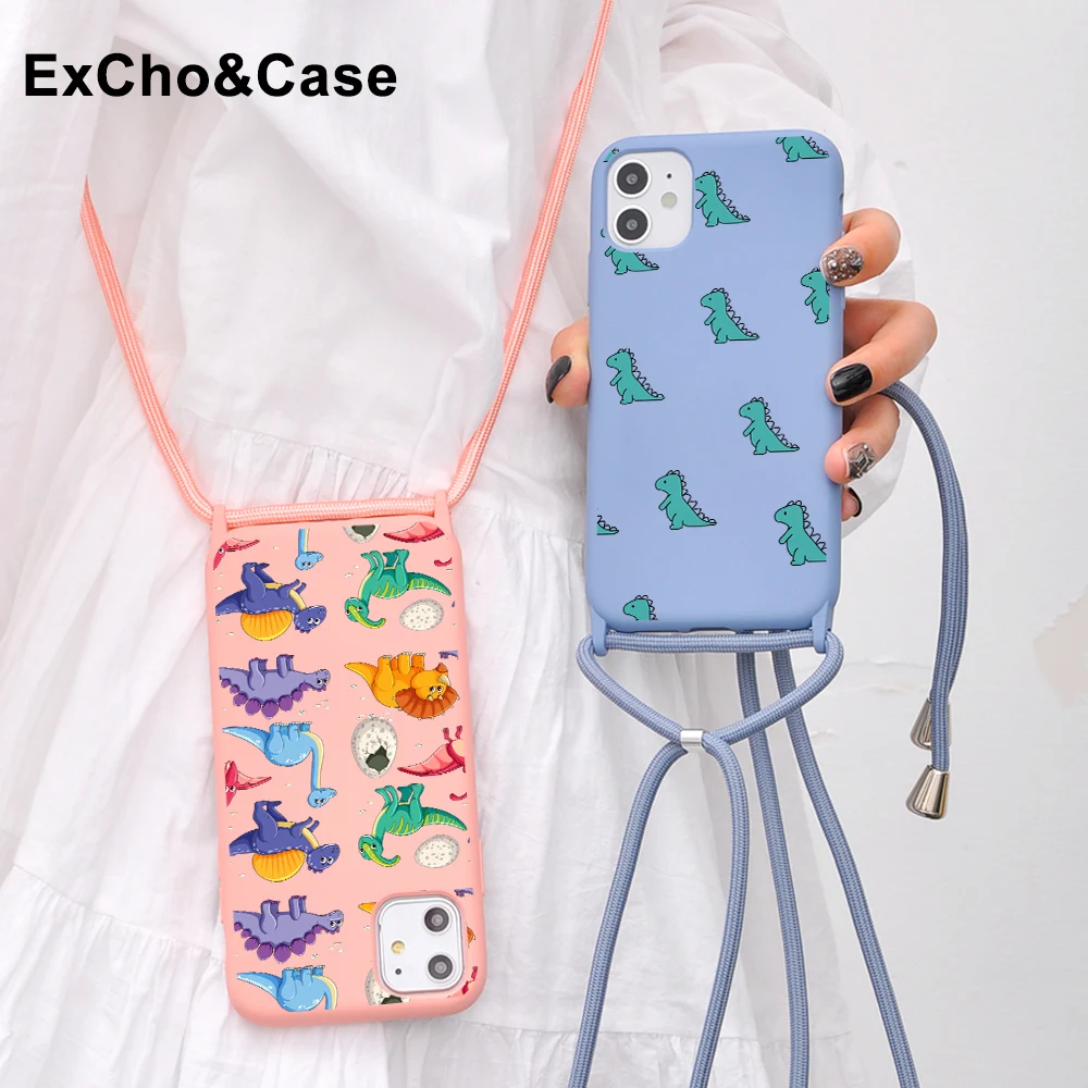 2021 New Cartoon Dinosaur Pattern Phone Case For iphone 11 SE 7 8 Plus X XS XR XS Max / Design Girls Boy Adjustable Rope Cover