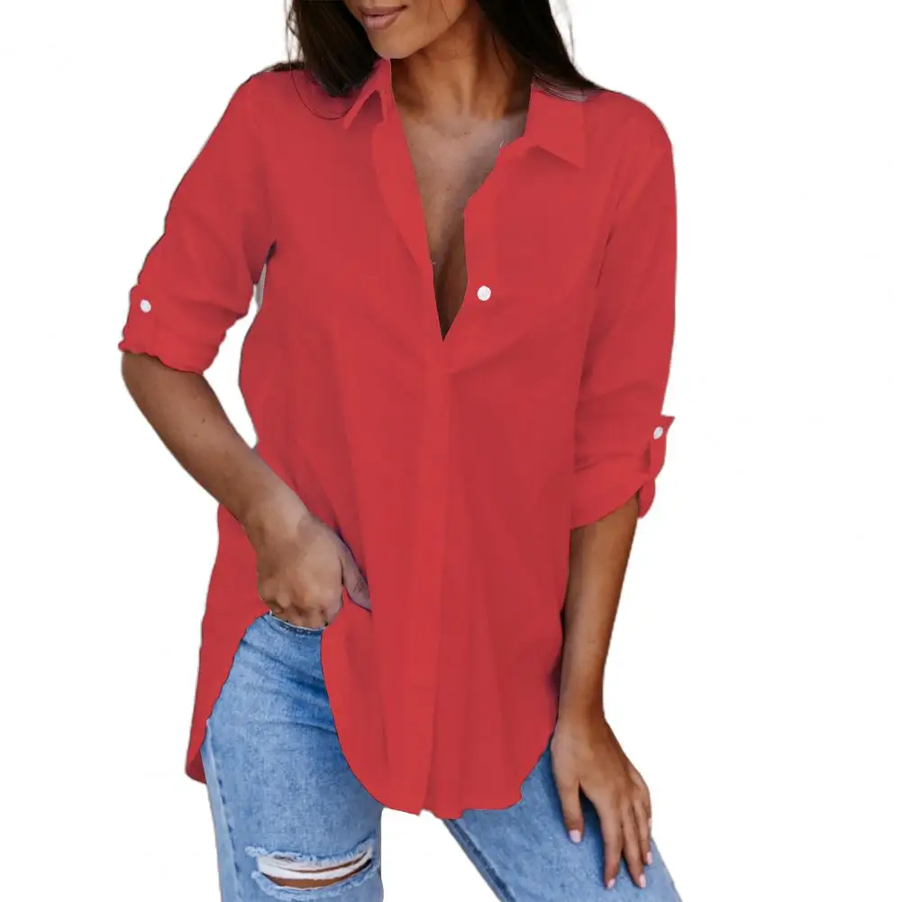 Blusa de manga comprida com decote em v feminina, Oversize Shirt, Monocromática, Casual, Todos os jogos, Outono, 2021