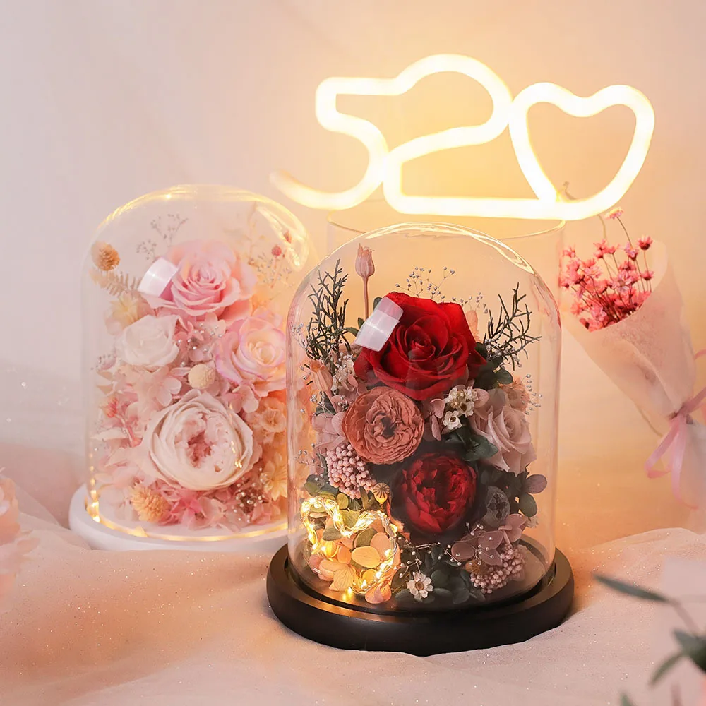 

Eternal Preserved Rose with LED Light Glass Dome and the Beast Real Flower Forever Love Wedding Party Decor Gifts for Women