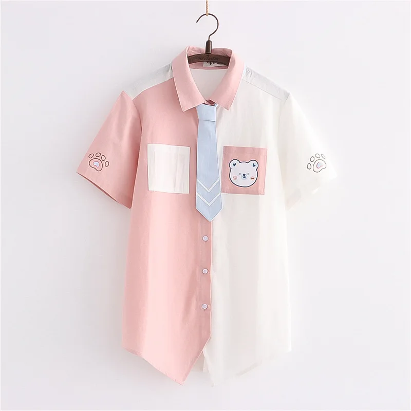 Harajuku Cute Bear Cartoon Blouse Girls Tie Front Button Up Shirts Women's Kawaii Sweet 2021 Casual Short Sleeve Cardigan Tops