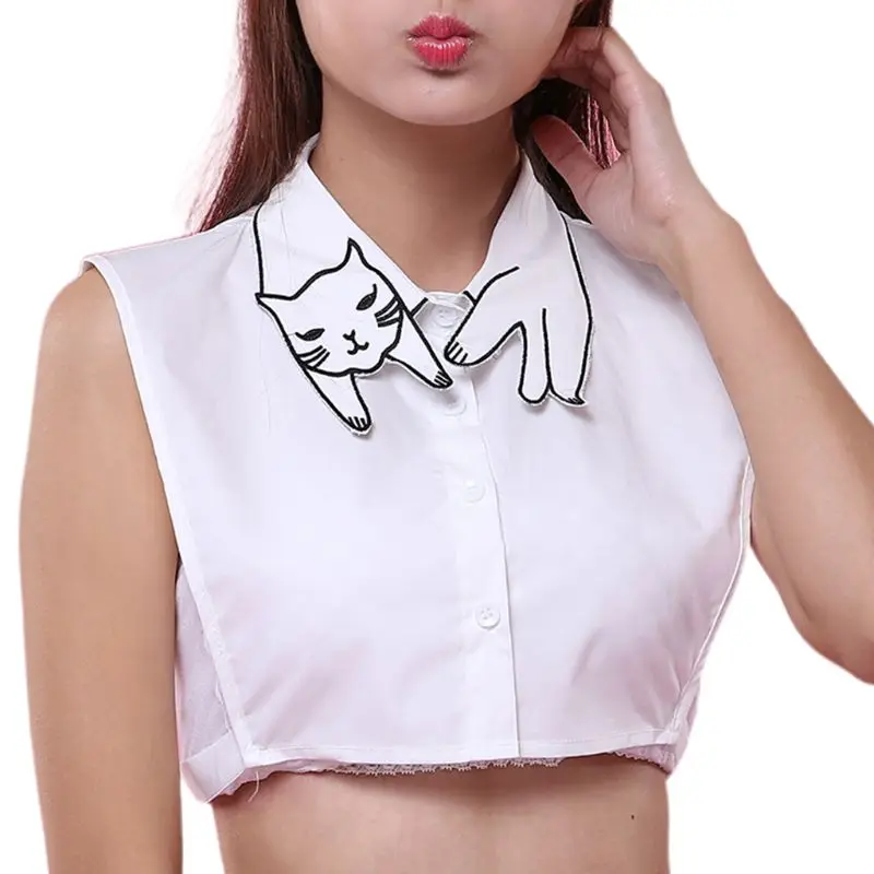 Retro British Style Women Girls Cotton False Fake Collar Cute Cartoon Cat Embroidery Casual Detachable Lapel Half-Shirt Blouse