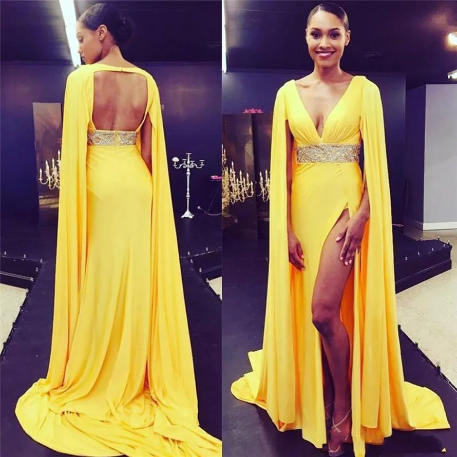 2025 Yellow V Neck Sexy Open Back Evening Dresses High Split Formal Celebrity Red Carpet Dress with Cape Long Prom Gowns