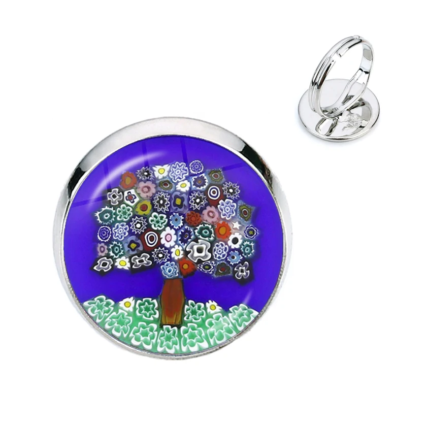 Tree Of Life Adjustable Ring Murano Millefiori 16mm Glass Cabochon Rings Jewelry For Women Girls Gift Wholesale