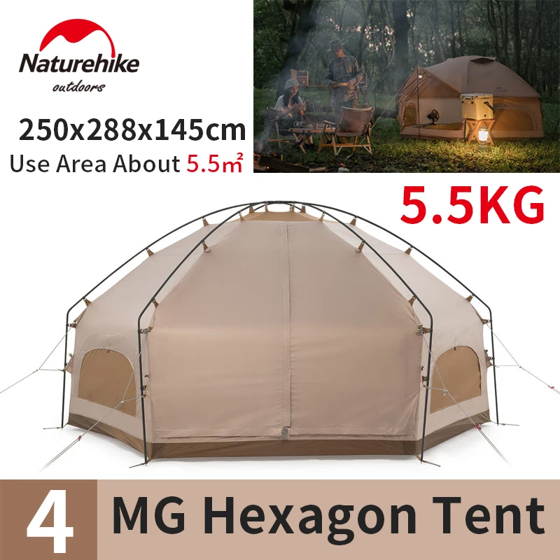 

Naturehike 210T MG Hexagonal Tent 3-4 Person Outdoor Yurt Family Hiking Tent Windproof Waterproof Breathable 5.5kg Large Space