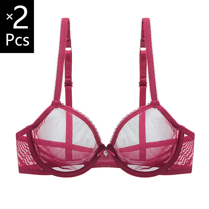 2 Piece Mesh Transparent Bras For Women Plus Size Sexy Lingerie Underwire Push Up See Thourgh Female Lace Brassiere Top A B C D