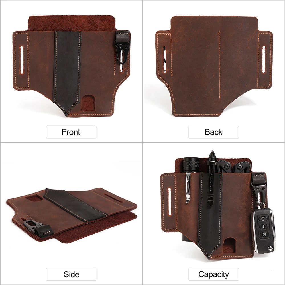 JOYIR Crzay Horse Leather Multitool Sheath EDC Flashlight Holster 3 Pockets Organizer Sheath for Knives Tactical Pen