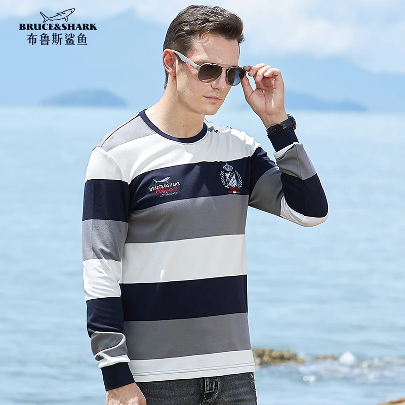 New Spell Color Men Casual Striped T-Shirt Long Sleeves Bruce&Shark Thicken Stretch Cotton Male Tees Autumn Clothing Gray Tops