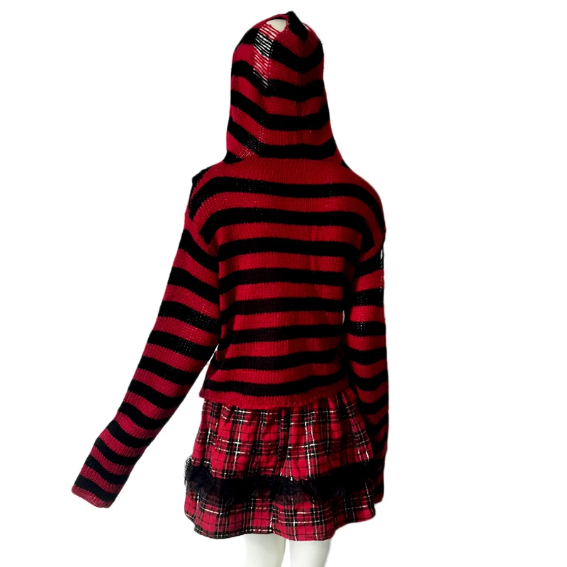 Y2k Girl Zipper Hollow Out Sweaters Gothic Lady Striped Cardigan Short Hooded Sweater Autumn Long Sleeve Black Red Knitted Top