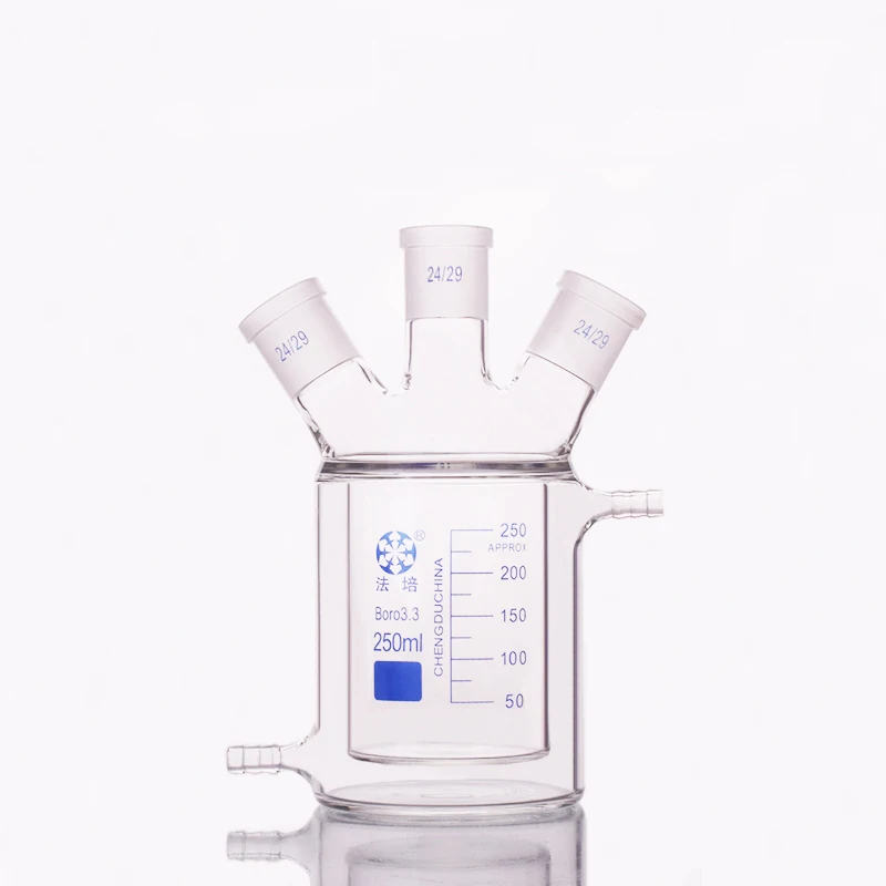 

Double-deck cylindrical three-necked bottom flask,With tick ​​mark,Capacity 250ml,Joint 24/29,Mezzanine jacketed reactor bottle