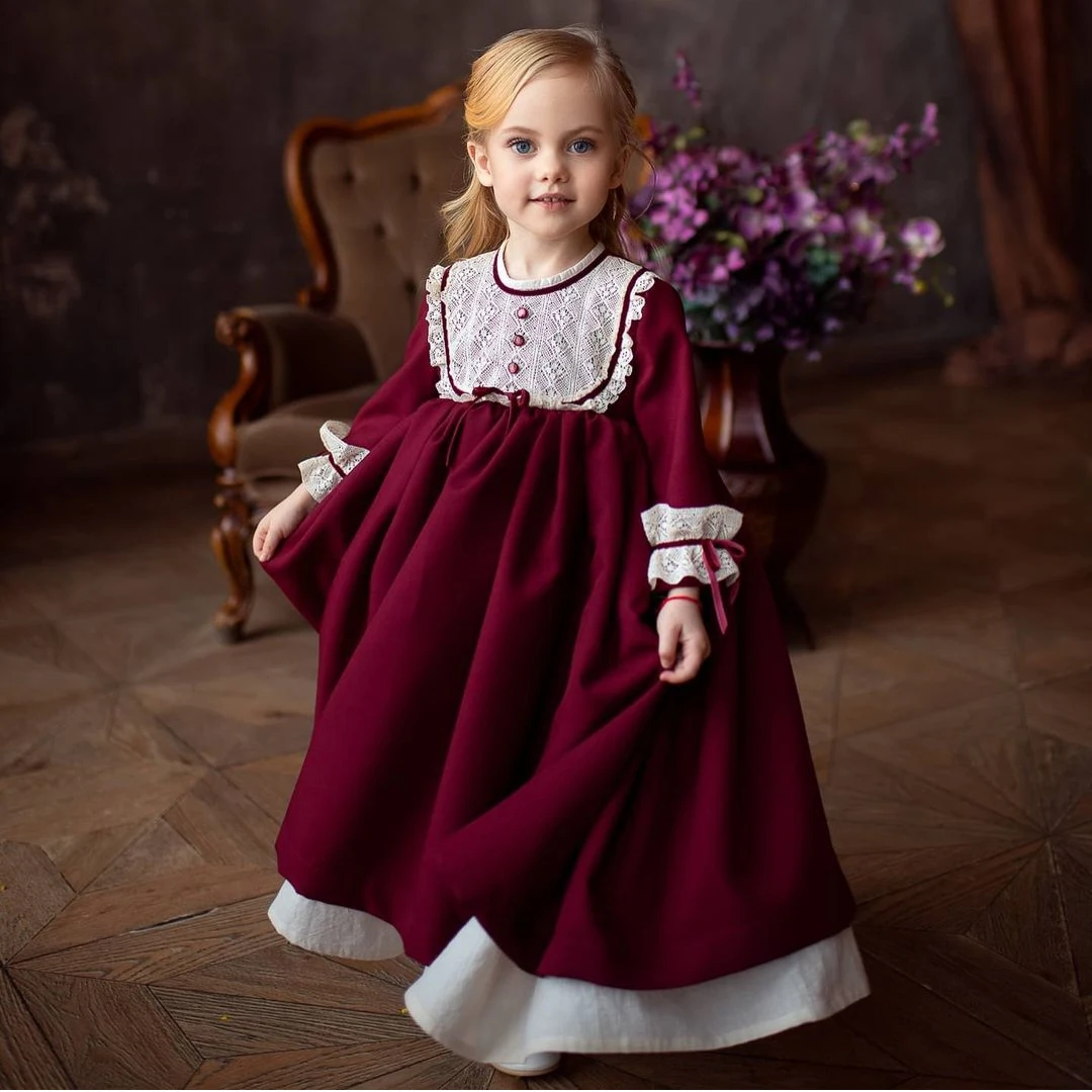 0-12Y Baby Girl Autumn Winter Lace Wine Red Burgundy Long Dress for Birthday