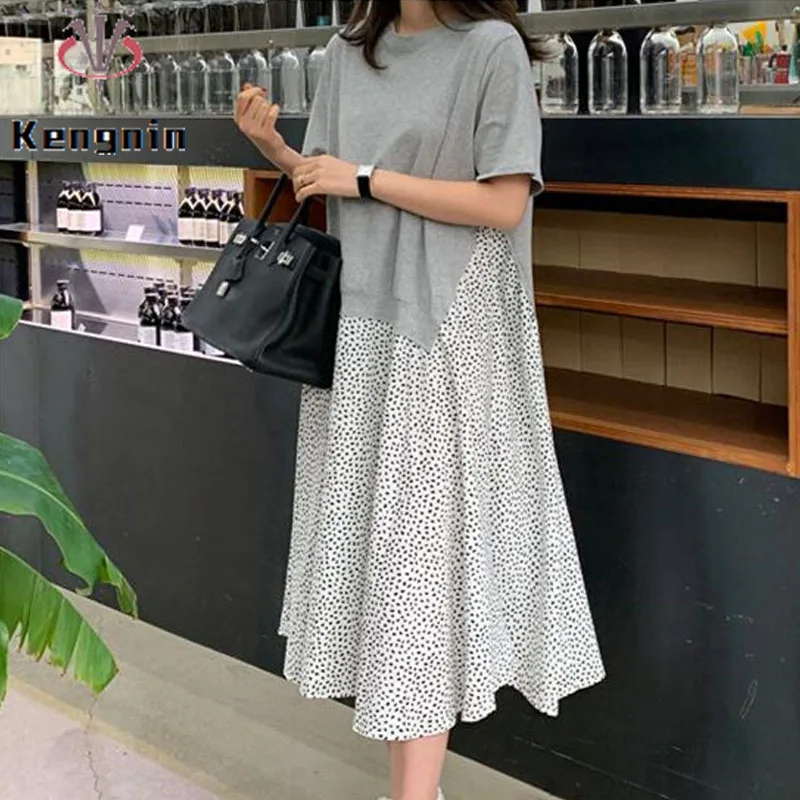 Casual Oversized Dress T-Shirt Dress New 2023 Summer Dress Women Cotton Patchwork Print Dot Lady Dress Fake Two Piece Robe KE135