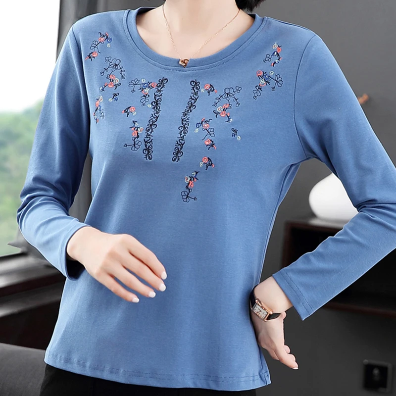 

Shintimes Tee Shirt Femme New Casual Woman Clothes Floral Embroidery T Shirt Women Long Sleeve 2022 Cotton Fall Tee Shirt Female