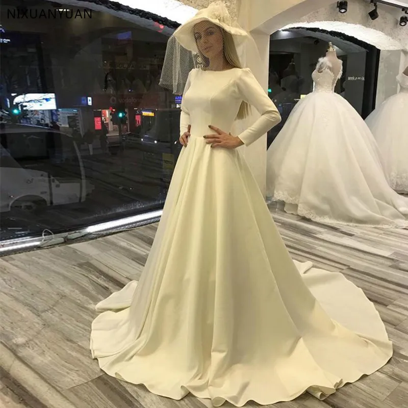 

Wedding Dresses with Long Sleeves White Ivory Satin Bridal Gowns A-line Court Train Vestido De Novia 2023