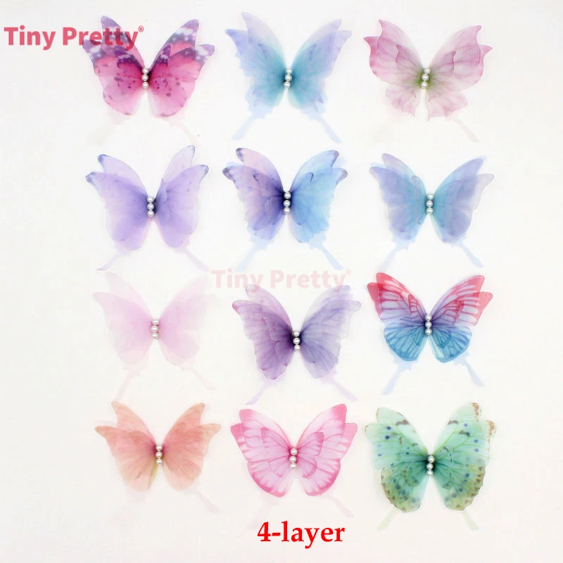 10PCS 4-layer Swallowtail Butterflies w/ Imitation Pearls Handmade Organza Butterfly Accessory for Wedding Bridal Hair Jewelry