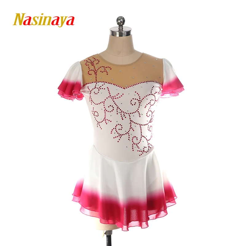 Nasinaya Figure Skating Competition Training Women's Children's Rhythmic Gymnastics Short Sleeve Dress White Pink Gradient