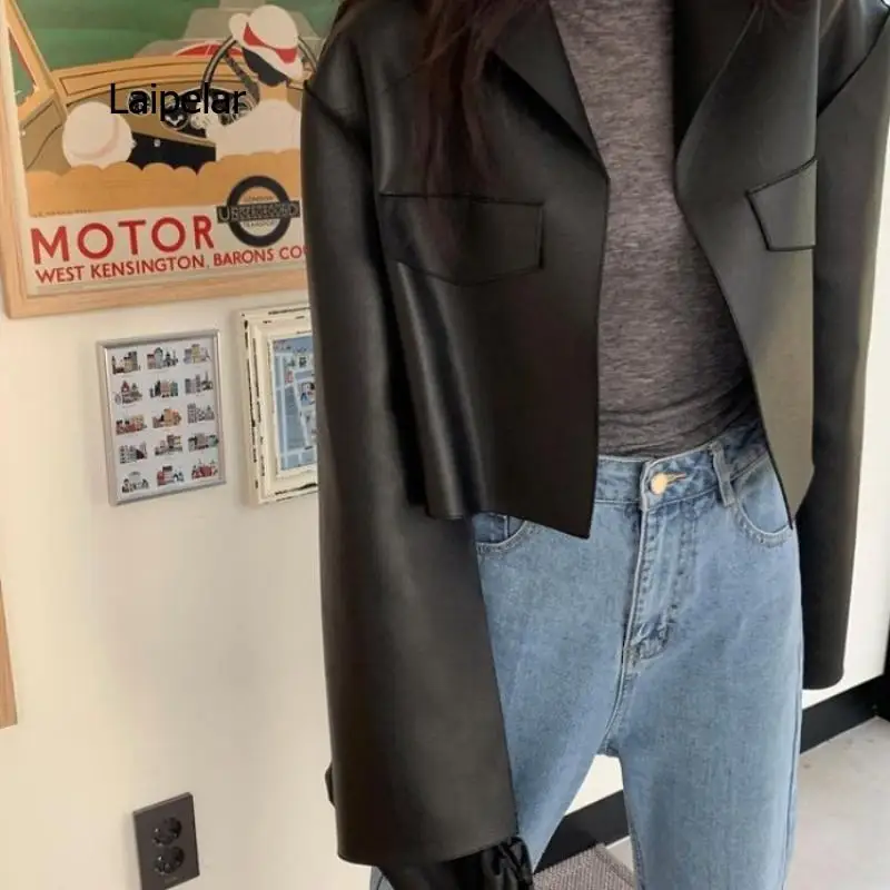 

Autumn and winter women's leather clothing fashion pu leather jacket solid color suit collar leather jacket