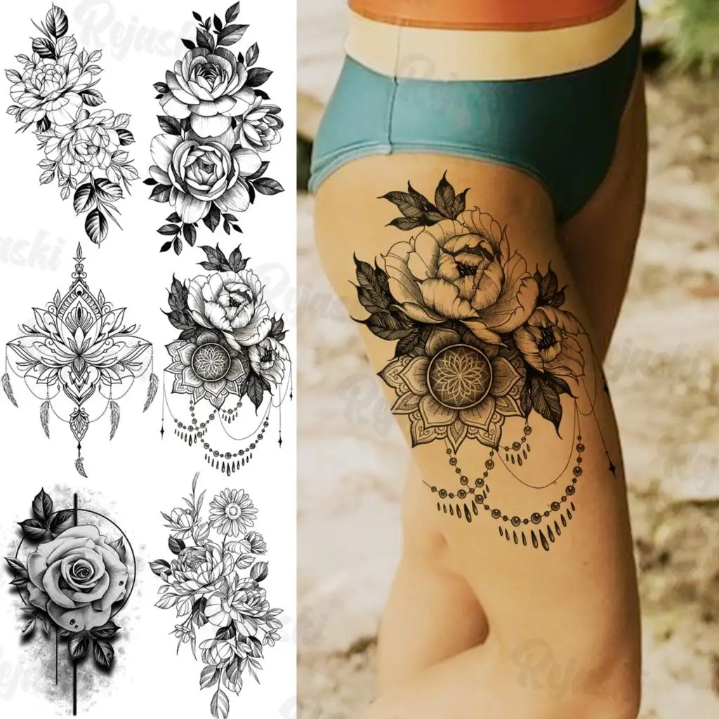 Big Black Mandala Flower Temporary Tattoos For Women Girls Thigh Tatoos Realistic Henna Sun Feather Fake Pendant Tattoo Sticker