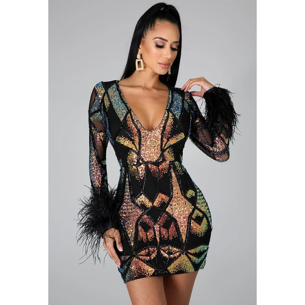 V-collar African Dresses Women Sexy Sequins Design Exquisite Long Sleeve Ostrich Feather Slim Evening Party Dress Vestidos