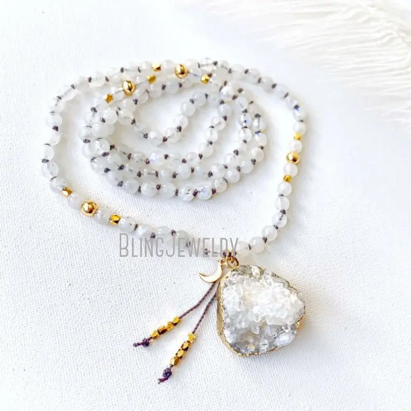 MN34528 Empower Moon Goddess Mala With Moonstones And Druzy Guru Crystal 108  Prayer Beads  Necklace Yoga Gift