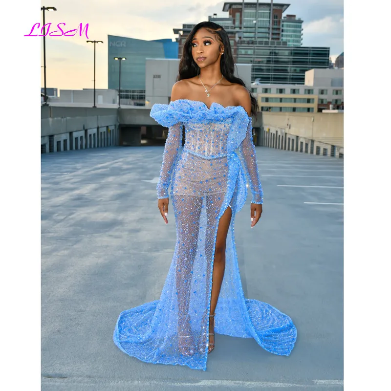 Sexy Prom Dresses Mermaid Ruffles Boat Neck Long Sleeves Split Sequins Shiny Evening Dress Plus Size Women Party Elegant Gowns