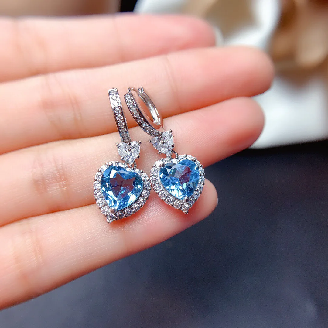 Luxury Female Love Heart Blue/Red Crystal Jewelry Sets Charm Silver Color Dangle Earring For Women Wedding Rings Necklaces