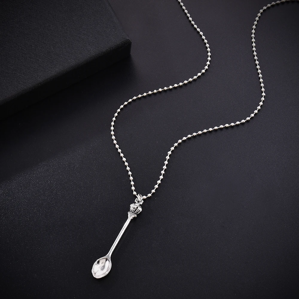 Fashion Women Men Crown Mini Tea Spoon Shape Pendant Long Chain Necklace Sweater Metal Chain Necklace Jewelry