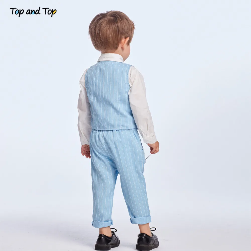 Top and top – Costume pour bébé garçon, ensemble chemise blanche avec noeud papillon, gilet à rayures, pantalon 3 pièces, printemps et automne