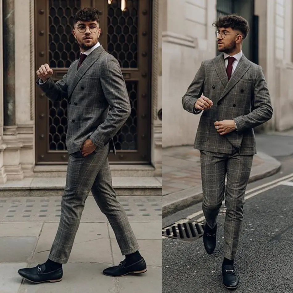 Grey Mens Suits 2 Piece Peaky Blinder Classic Slim Fit Costume Vintage Suit Jacket Pants Custom Made Wedding Tuxedos