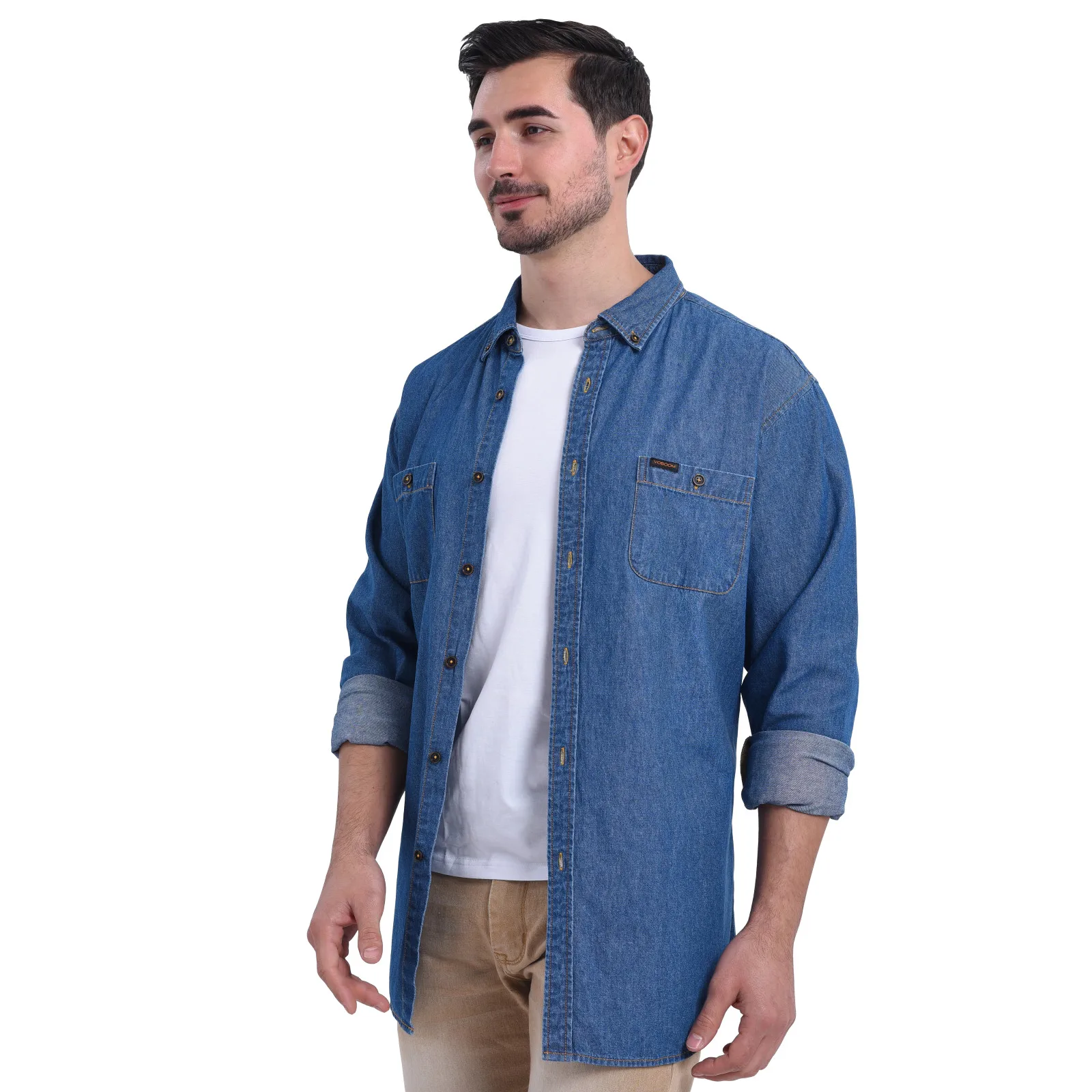 VOBOOM Men's  Denim Shirt Long Sleeve Shirt Cotton Casual Workwear With Pockets Clothing Spring Autumn