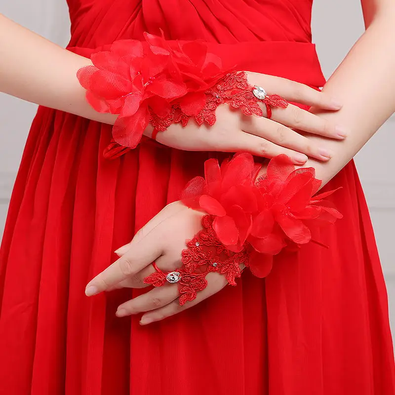 New Style Elegant Red White Evening Prom Accessories Gloves Short Design Flower Decoration Wedding Bridal Gloves