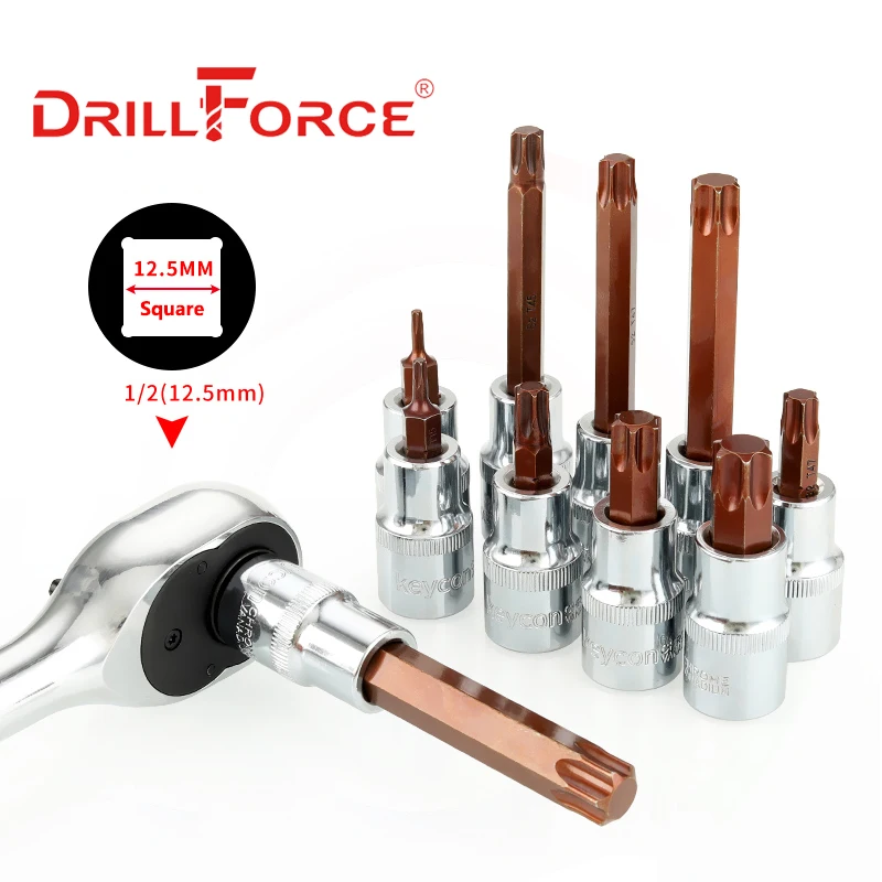 Drillforce 1/2 "Drive Torx Socket Bit S2 adattatore chiave inglese strumenti di riparazione chiave T20/T25/T27/T30/T35/T40/T45/T50/T52/T55/T60/T70