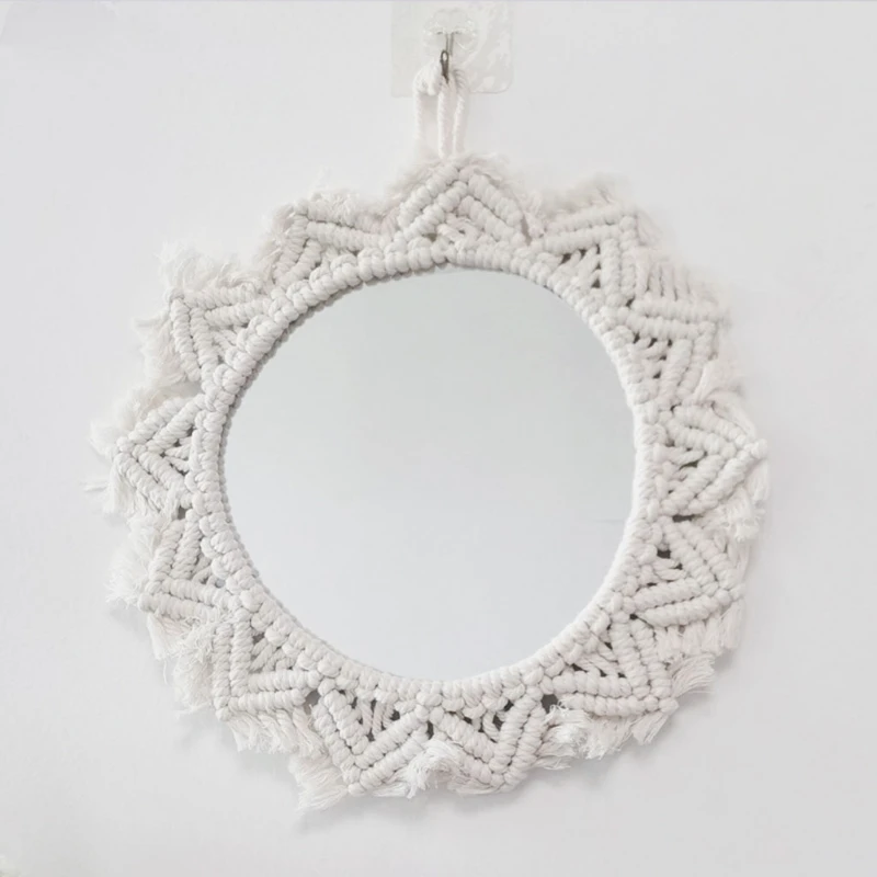 OOTDTY Bohemia Macrame Mirror Handmade Tapestry Makeup Mirrors Boho Home Decor Wall Hanging Deocr Mirror Boho Bedroom Decor