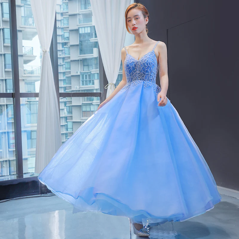 J66923 jancember prom party dresses a-line v-neck spagthetti strap beading blue evening dress 2019 kleider damen abendkleid