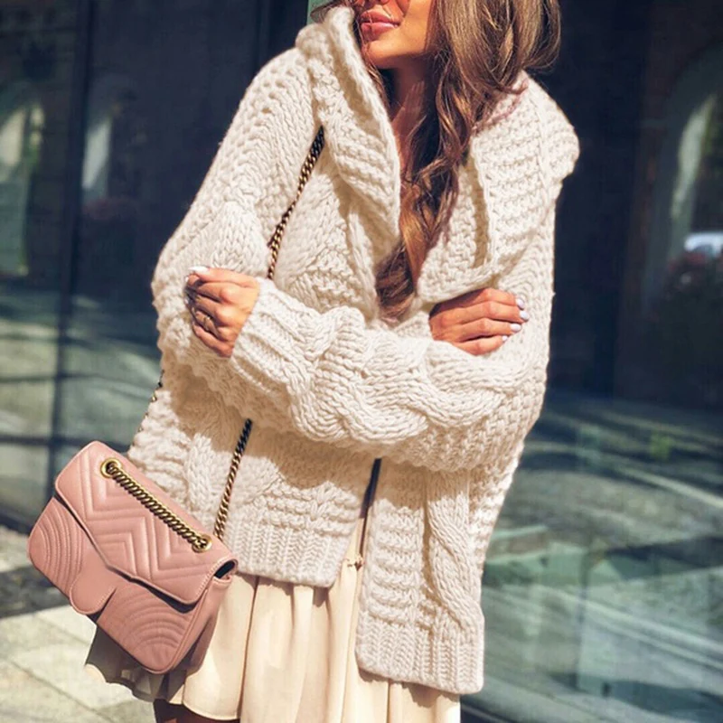 Autumn Women Elegant Long Sleeve Patchwork Tops Cardigan Winter Casual Solid Warm Sweater Coats Casual Hooded Knitted Sweaters