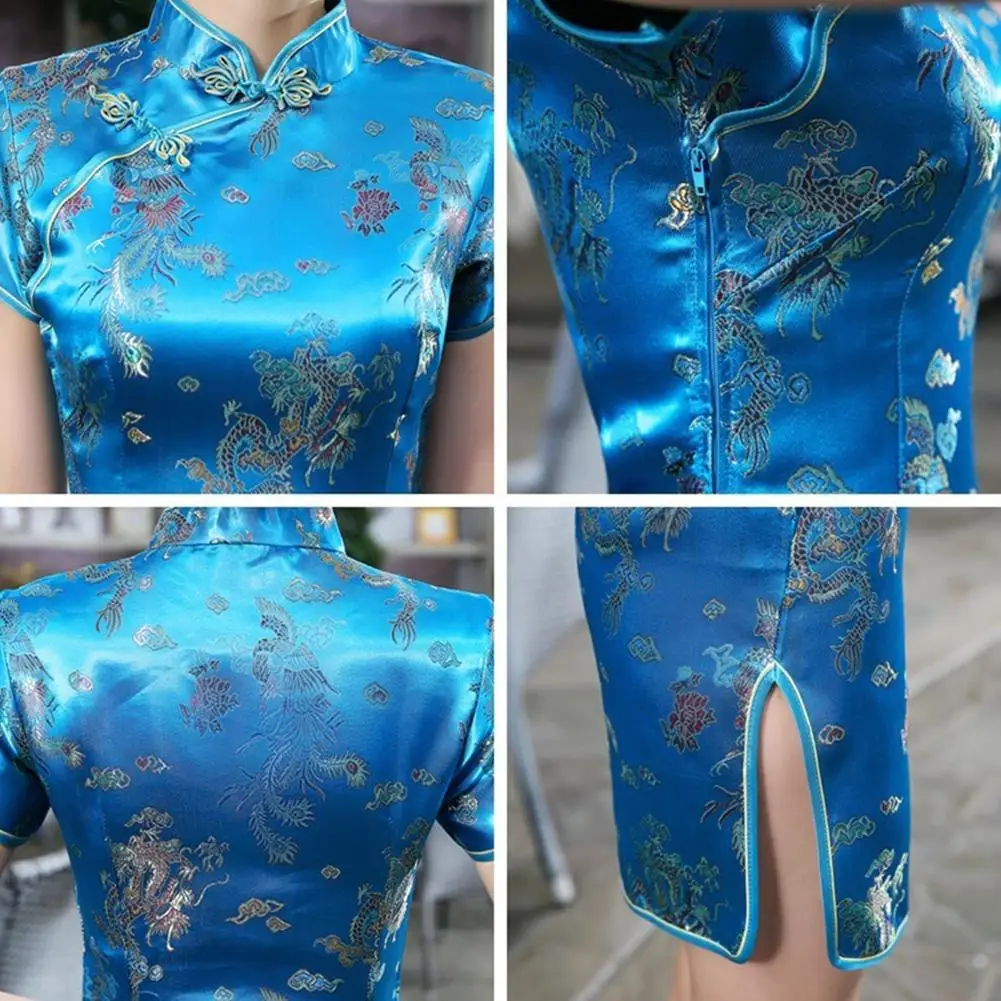 Chinese Qipao Cheongsam Dragon/Phoenix Embroidery Chinese Traditional Cheongsam for Women Side Slitting Hem Mini Dress Cheongsam