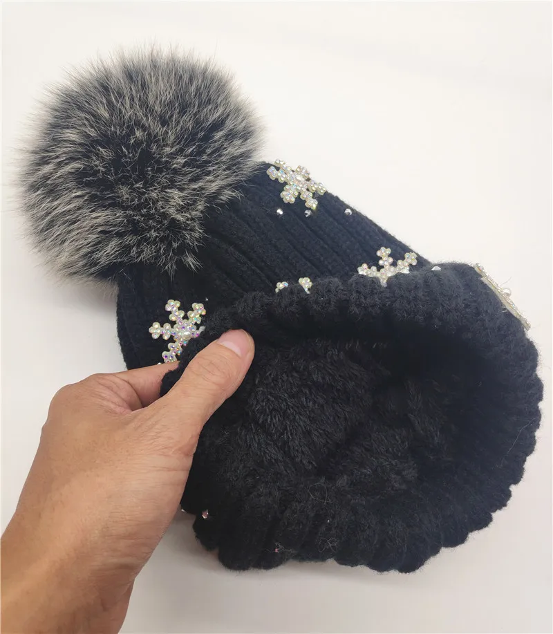 Winter 100% Real Fur Pom pom Beanies Curled Cotton Knitted Skullies Cap Women thick warm Snow Christmas Knitting Hat