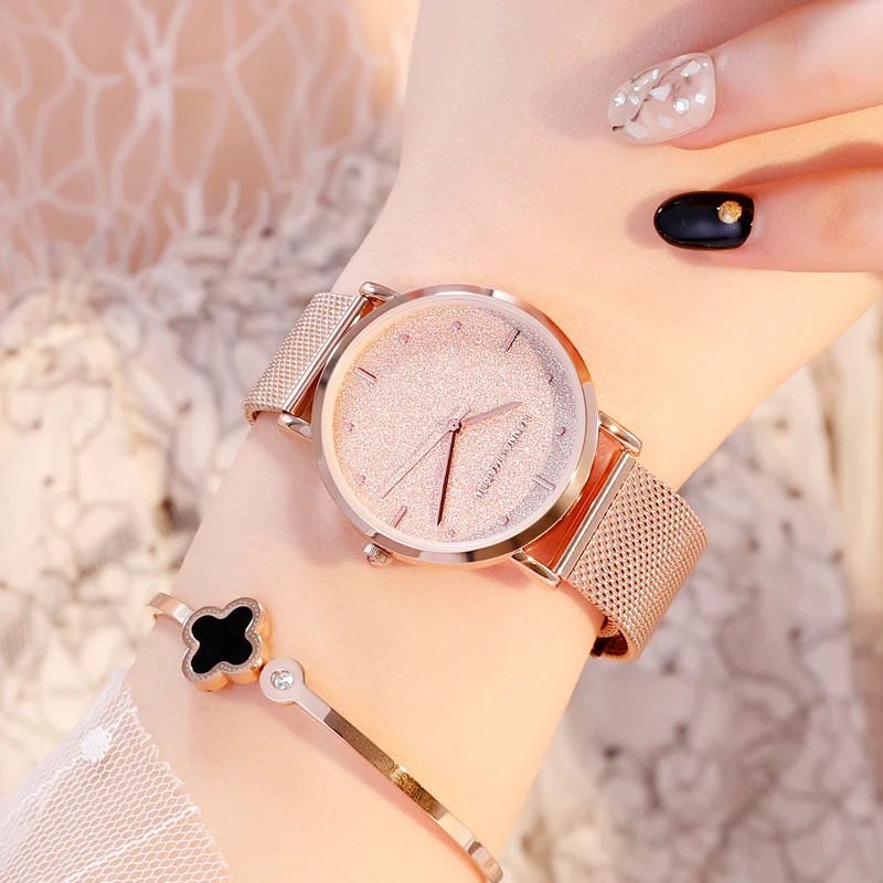 Vrouwen Horloges Nieuwe Flash Sterren Roestvrij Staal Rose Gold Mesh Unieke Eenvoudige Casual Quartz Waterdichte Horloges Klok Hot Koop