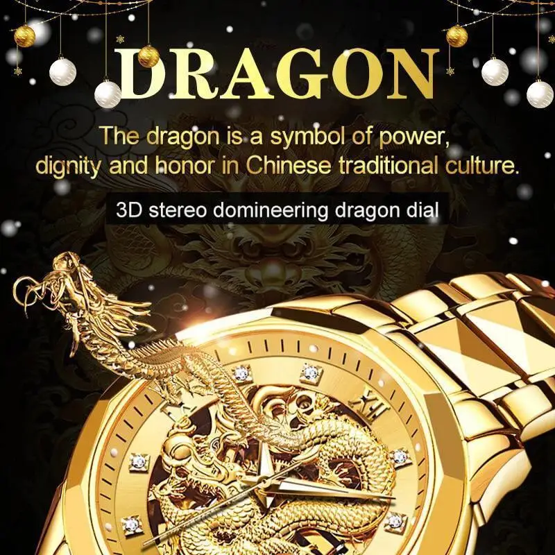 Men Day Date Wrist Watch Emboss Golden Dragon for Waterproof Analog Quartz Watch Metal Classic Dress Roman Christmas Gift Watch