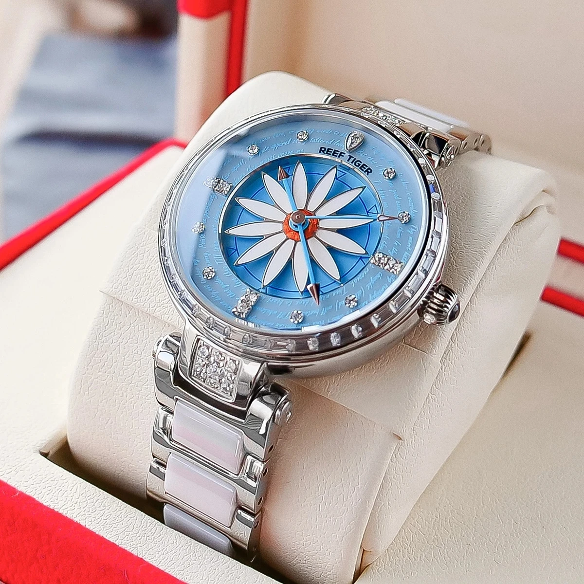 Reef Tiger Women Automatic Watch 36mm Ladies Mechanical Wristwatch Diamond Scales Flower Dial Sapphire Ceramic Strap RGA1599