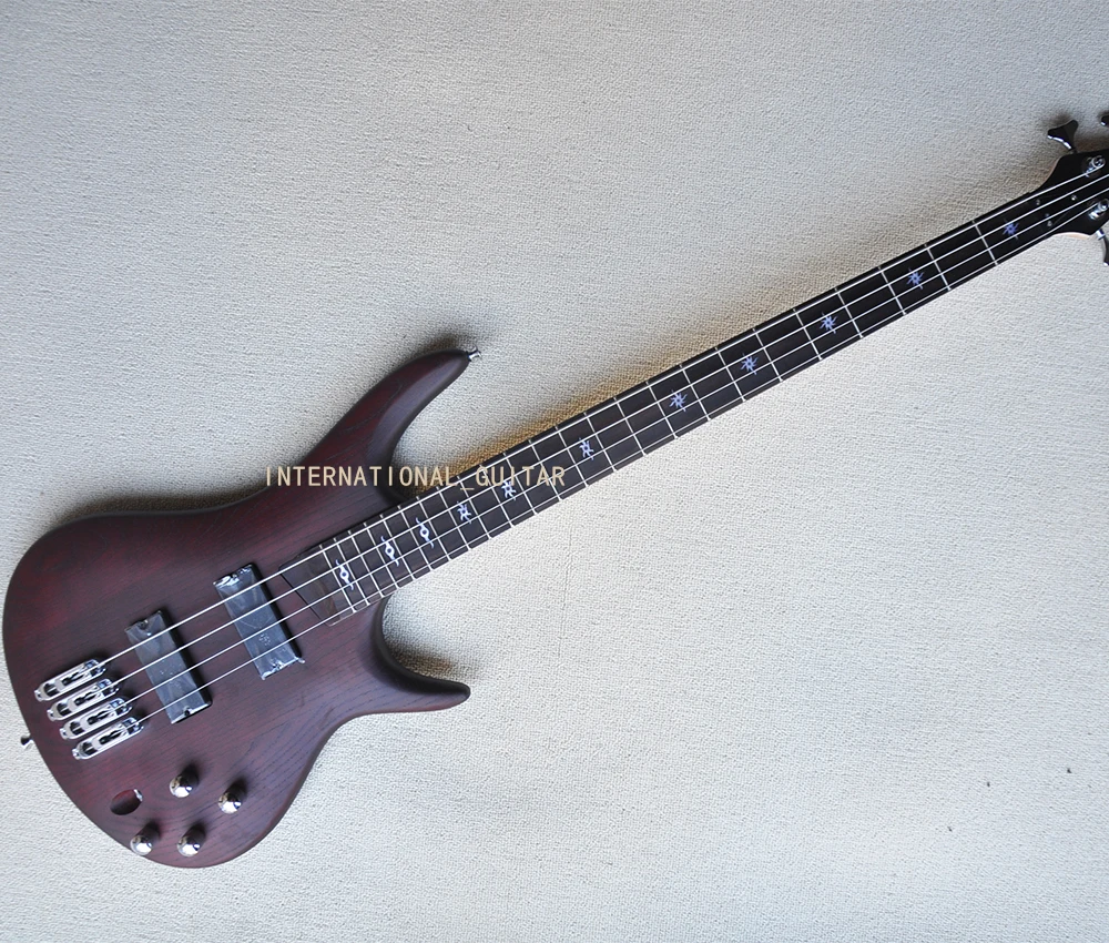 Sale-4 Strings Matte Red Brown Electric Bass Guitar with 24 Frets,Rosewood Fretboard