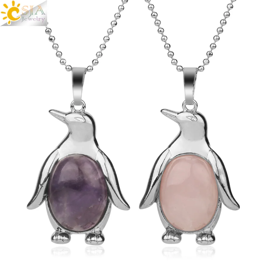 Collar con Colgante de Pingüino Reiki CSJA, Piedra de Cristal Natural, Cabujón Ovalado, Abalorios, Colgantes con Forma de Animal, Joyería Linda para Mujer G180