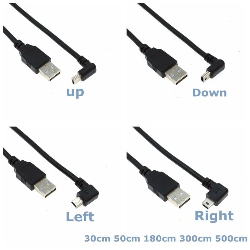 UP Down Left and Right 90 Degrees Mini USB Male to USB Male Data Charging Mobile Phone Tablet Driving Recorder Cable 0.3m-5m