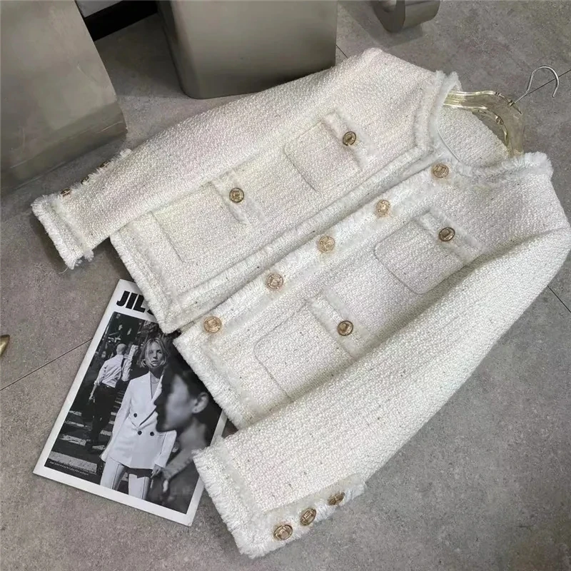 White Tweed Short Jacket Women Fashion Elegant O-Neck Single Breasted High-End Coat Fall Winter Warm Office Lady Casual Outwear