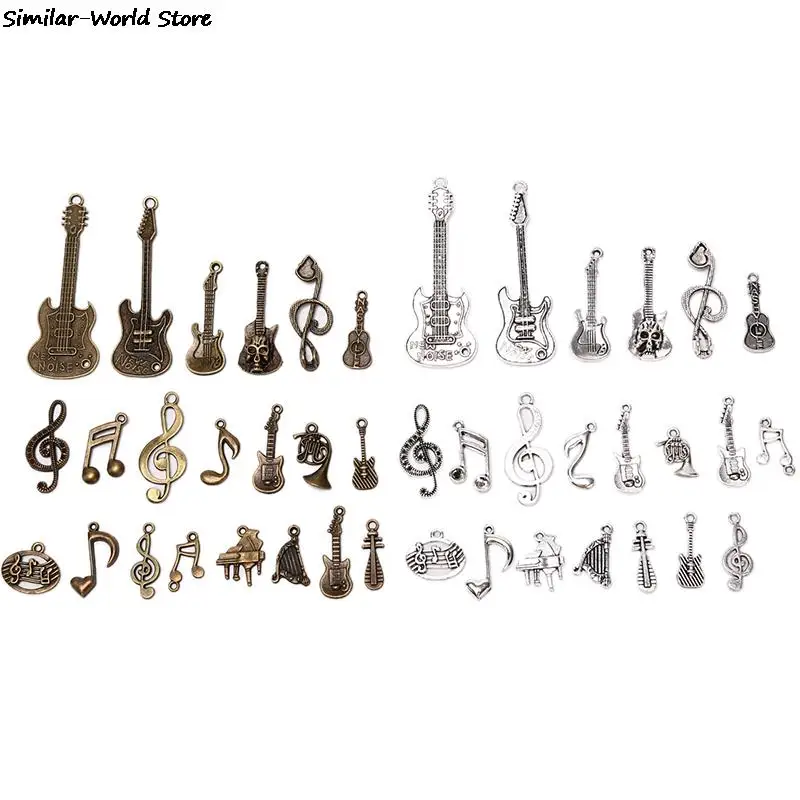 21Pcs/Set Mix Musical Instrument Charm For Jewelry Making Charm Antique  Color Guitar Microphone Violin  Horn Charm