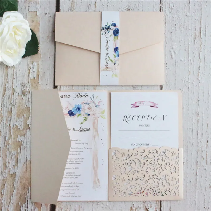 Modern Laser Cut Wedding Invitations Cards High Quality Personalized Hollow Flower Bridal Invites 50pcs