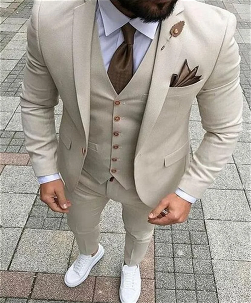 

Beige men's suit three piece jacket, trousers and vest customized slim men's Suit Wedding bridegroom best man's suit suit