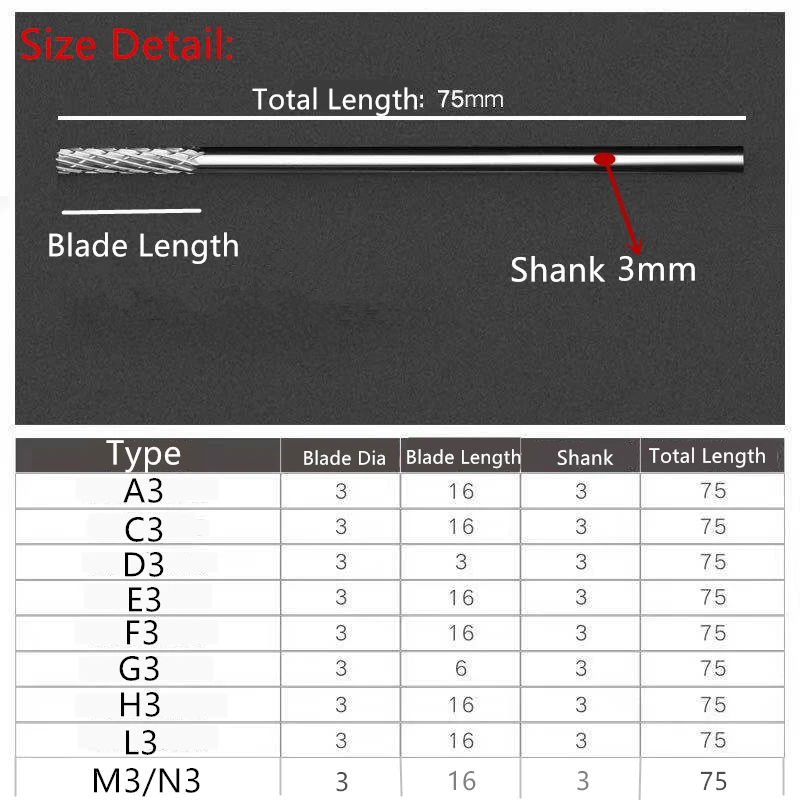 Jrealmer 1 adet 3x3x75mm uzun tungsten karbür çapak döner çapak