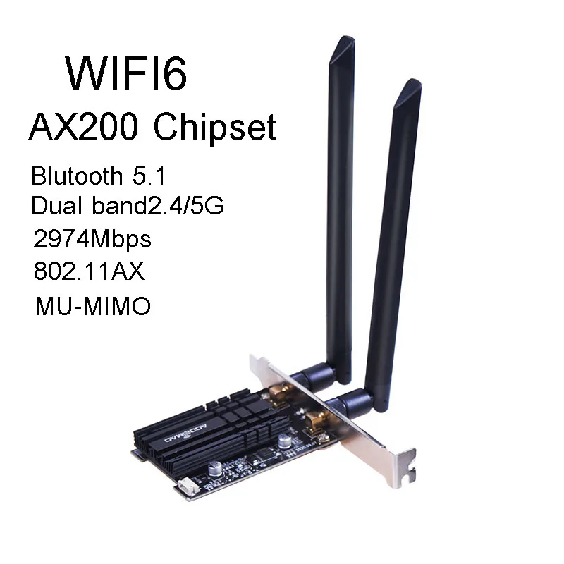 

Dual band Wifi6 Intel AX200 PCI-e slot Wireless Wifi Adapter 2.4G/5Ghz 802.11ac/ax Bluetooth 5.1 AX200NGW Wi-fi Card For PC