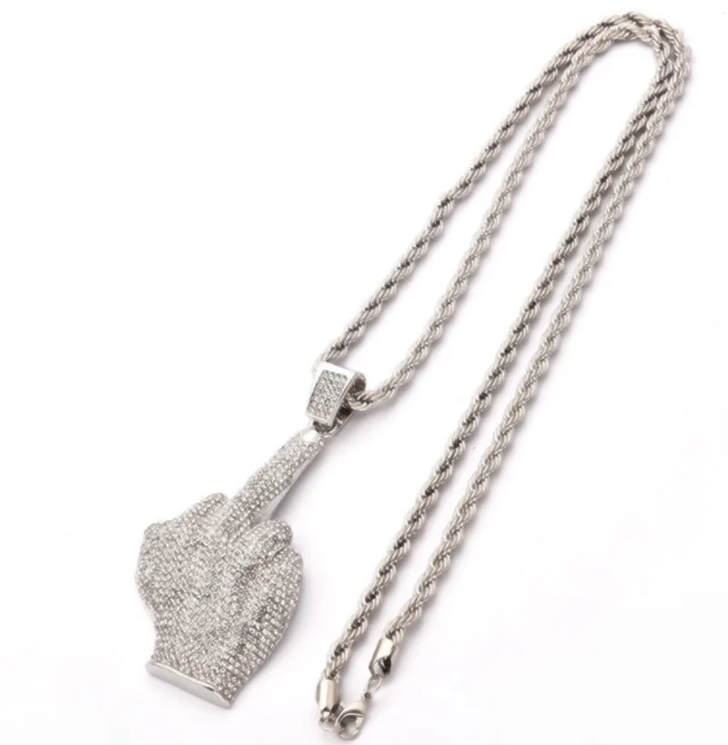 Collana con ciondolo dito medio con gesto amichevole con zirconi squisiti, uomo donna, gioielli per feste hip-hop rock