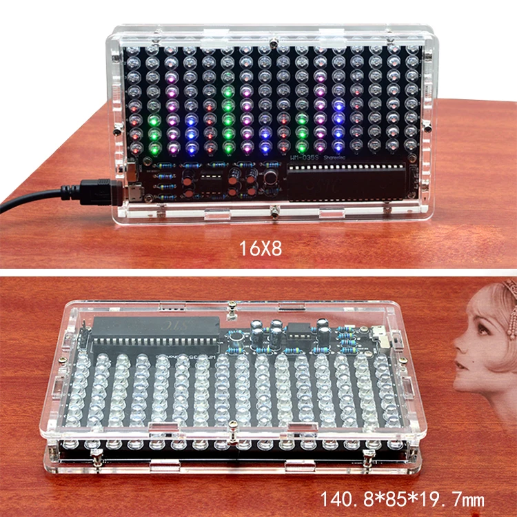 DIY 전자 키트 음악 스펙트럼 디스플레이 16x8 LED 5.5 인치 음성 센서, DIY 솔더링 프로젝트 키트 셸 포함